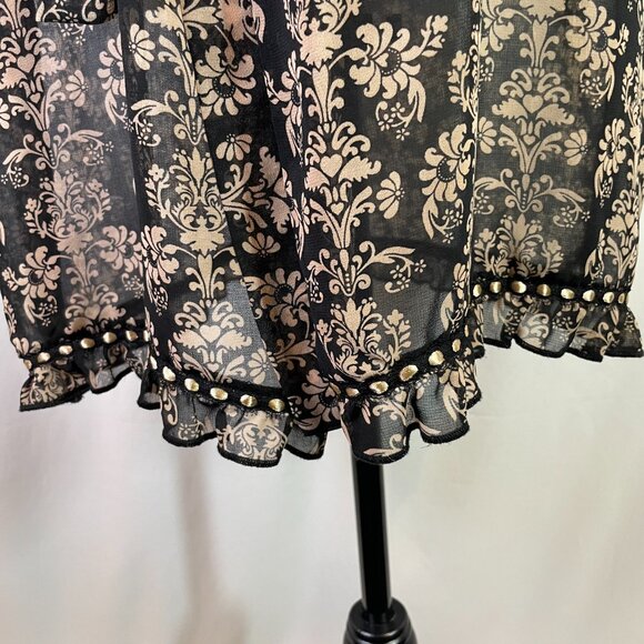 Forever 21 Robe Size S Baroque Pattern Black Tan Ribbon Ruffle Hem Elbow Sleeves - Picture 6 of 10